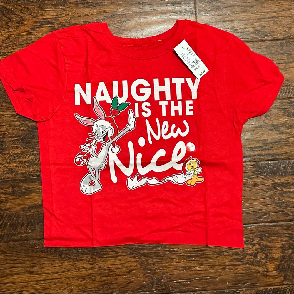 NWT Naughty Is The New Nice Looney Tunes Holiday Cropped T-Shirt